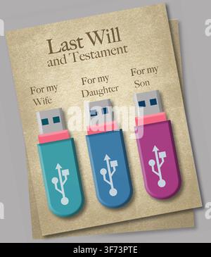 Illustration von USB-Flash-Laufwerken, die für Familienmitglieder auf einem Dokument mit der Aufschrift „Letzter Wille und Testament“ beschriftet sind, und die moderne digitale Nachlassplanung darstellen und p Stockfoto