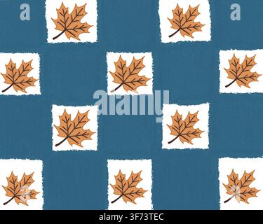 Ein locker verteiltes Ahornblattmuster in einem diagonal karierten Layout auf einer blauen zerrissenen Papiertextur, das ein luftiges, offenes Gefühl vermittelt, geeignet für Karten usw. Stockfoto