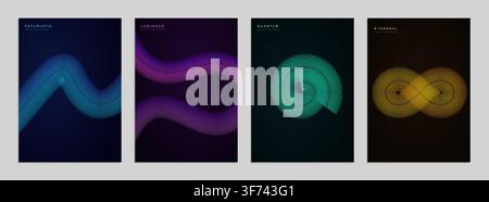 Satz abstrakter futuristischer Poster mit welligen Linienmustern und geometrischen Formen in lebendigen Neon-Gradienten auf dunklen Hintergründen Stock Vektor
