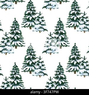 Nahtloses Muster von verschneiten Weihnachtsbäumen. Handgezeichnete Aquarellillustration. Perfekt für Weihnachtsverpackungen, saisonale Feiertagsdrucke, Textilien Stockfoto