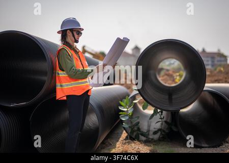 Bauleiter oder Ingenieur, der auf einer Rohrbaustelle arbeitet, um Konstruktionsdetails mit schweren Maschinen zu inspizieren. Stockfoto