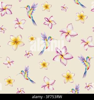 Nahtloses Muster mit blühenden Frangipani-Blumen und Kolibris. Aquarell handgezeichnete tropische Plumeria-Pflanze. Isolierte botanische Illustration auf Stockfoto