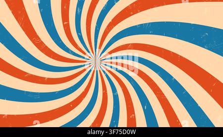 Vintage-Zirkus-Radienspiralen-Hintergrund in roten und blauen Farben, spiralförmiges Streifenabstraktes geometrisches Muster für Banner für Karnevale und Zirkusbi Stock Vektor