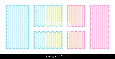 Ästhetische pastellfarbene gestreifte Rahmen mit welligen, wellplattenartigen Rändern in rosa und blauen Farben für Dekorationvorlagen, Scrapbooking-Design. Rechteckige Formen Stock Vektor