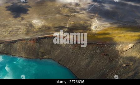 Luftperspektive von aktiven geothermischen Merkmalen, die einen türkisfarbenen Quellpool, mineralverfärbte Felsformationen und eine Zugangsstraße zeigen. Stockfoto