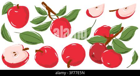 Vektor-Aquarell-Set mit roten Apfel-Früchten. Handgezeichnete Vintage-Illustration mit ganzen Äpfeln, Scheiben, grünen Blättern und natürlichen botanischen Elementen isoliert Stock Vektor