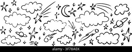Handgezeichneter niedlicher Strich-Buntstift-Kritzelei-Hintergrund für Kinder im Weltraum. Flauschige Wolken, Sternschnuppen-Bleistiftzeichnung. Kindliche Zeichnung kosmische Illustration. Set Stock Vektor
