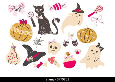 Halloween niedliches Coquette-Symbolset. Handgezeichnete Vektorillustration isoliert auf Weiß. Mädliches Halloween-Objektset im Cartoon-Flachstil. Niedliche Kürbisse mit Schleifen und Hexenhut, Geister und schwarze Katze. Stock Vektor