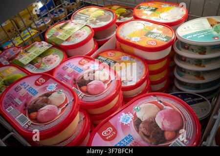 Verschiedene Arten und Marken von verpacktem Eis, das in einer Kühlvitrine zum Verkauf in einem Supermarkt in Yogyakarta, Indonesien, im August präsentiert wird Stockfoto