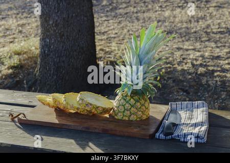 Ananasfrucht in Scheiben geschnitten auf einem Holzschneidebrett, platziert auf einem Picknicktisch im Freien, bereit für einen frischen Snack Stockfoto