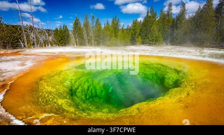 Regenbogenfarbenes Wasser füllt den Morning Glory Pool im Yellowstone-Nationalpark und präsentiert seine lebendige geothermische Schönheit Stockfoto
