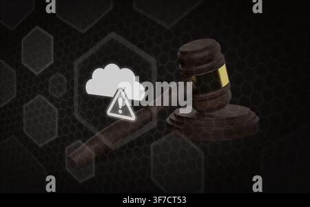 3D-Darstellung, die einen Richterhammer neben einem leuchtenden Wolken-Symbol und einem Warnzeichen zeigt, das sich auf digitale Rechtsfragen bezieht. Stockfoto
