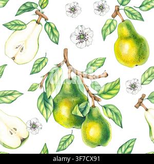 Birne mit Blättern, Blumen und Früchten isolierte Elemente. Muster von Birnenzweigen, Blättern, Blumen, Früchten und Scheiben isolierte Elemente. Aquarellbirne Stockfoto