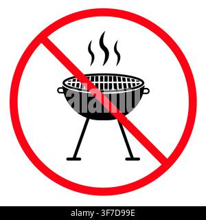 Kein Grill-Schild. Kein Grill-Symbol. BBQ-verbotenes Schild mit Kreislogo. Grillen verboten. Flacher Stil. Stockfoto