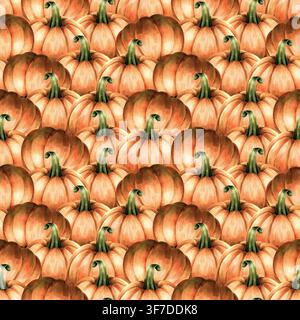 Nahtloses Muster mit Kürbissen, Aquarellhandzeichnungen. Wiederholbares Ornament auf orangefarbenem Gemüsehintergrund. Herbsternte-Design, Thanksgiving-Dekor Stockfoto