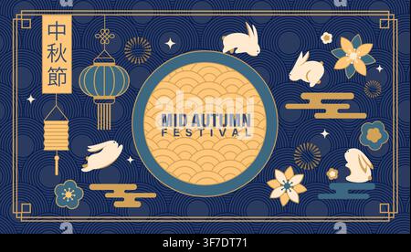 2026 Mittleres Herbstfest, geometrisches Banner mit Kreismuster im Hintergrund.Niedliche Kaninchen,Laternen und Blumen,Feuerwerke und chinesische Muster. Design für Web,Plakate,Flyer,Rabatte,Verkäufe.Vektor Stock Vektor