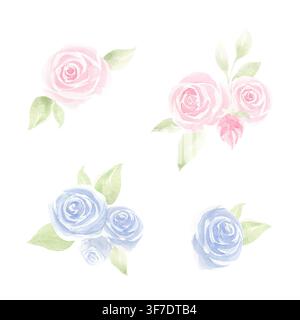 Aquarell-Blumen-Set mit Illustration rosa und blauer Rosen mit grünen Blättern. Handgezeichnete sanfte botanische Cliparts isoliert für Hochzeitseinladungen Stockfoto