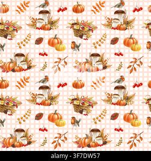 Herbstliches, helles Nahtloses Muster mit Waldpilzen, Körben, Beeren und Laub auf kariertem Hintergrund. Handgemaltes Aquarell, gemütliches Herbstdesign Stockfoto