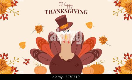 Niedliche Truthahn-Herbstblätter und Kranz-Einladungsvorlage für Thanksgiving. Für Grußkarten-Party-Einladung Druck und Webdesign, Vektorillustration. Stock Vektor