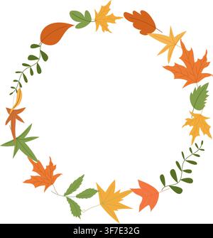 Herbstblätterkranzrahmen, runder botanischer Rand mit Ahorn, Eiche und bunten Herbstblättern. Stock Vektor