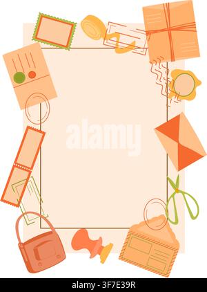 Herbstlicher Briefpapierrahmen mit Umschlägen, Postkarten, Etiketten, Briefmarken, Wachssiegel und Briefzubehör. Stock Vektor