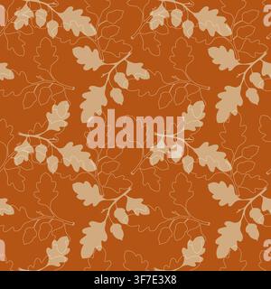 Nahtloses Muster mit Strichzeichnungen von Eichenästen, Eicheln und Blättern in Terrakotta-, Beige- und Weißtönen für warmes Herbsttextil, Geschenkpapier, Minimali Stock Vektor