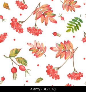Aquarell-Herbst-Muster ohne Ende mit Ebereschenbeeren und Hagebutten Stockfoto