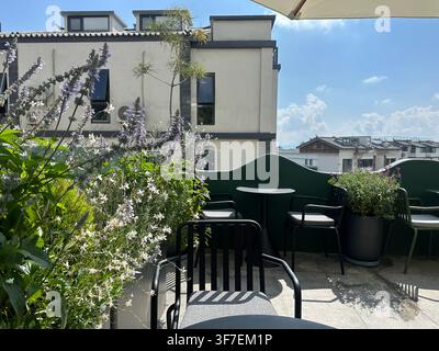 Blumenreiche Dachterrasse eines Cafés mit Blick auf moderne Gebäude unter einem blauen Sommerhimmel in Dali, Yunnan, China. Stockfoto