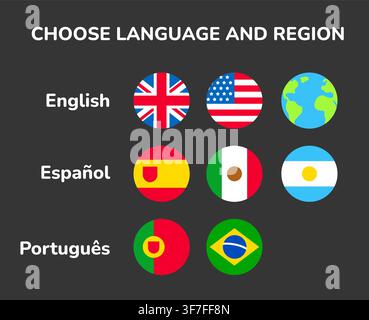 Symbolset für Sprach- und Regionalauswahl. Englisch, Spanisch und Portugiesisch; europäische und amerikanische Länderflaggen. Einfacher flacher Vektorstil. Stock Vektor