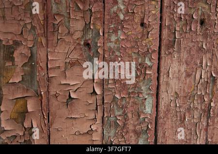 Alte Holzbretter mit abblätternder brauner Farbe, die einen rauen Grunge-Texturhintergrund bilden. Stockfoto