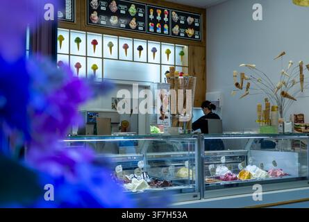 Farbenfrohe Eiscreme und Gelato in einer Eisdiele im Berliner Stadtteil Prenzlauer Berg im Sommer. Stockfoto