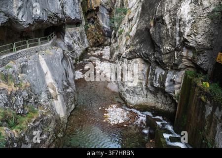 Der Cares-Pfad, in den Felsen entlang des Cares-Flusses im Nationalpark Picos de Europa, Provinz León, Spanien. Stockfoto