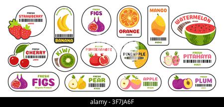 Fruchtaufkleber-Sammlung. Vintage handgezeichnete Doodle-Textur, farbenfrohes organisches Natur-Logo, Barcode-Stempel für Markt- und Lebensmitteldesign. Sommer-Druckabzeichen. Vektor-Illustrationsset Stock Vektor