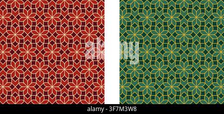 Winterurlaubsmuster mit wiederholten roten und grünen Blumenformen. Weihnachts-Hintergründe. Blumendruck. Elegante minimalistische Tapeten. Mosaik-abstrakte Ornamente. Vektorillustration. Stock Vektor