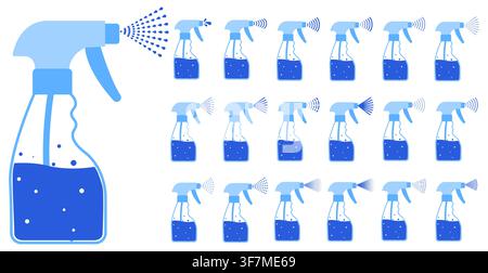 Satz von neunzehn blauen Sprühflaschen gefüllt mit sprudelnder Flüssigkeit zeigt vielfältige Nebelstrahl-Tropfenlinienmuster. Ideal für Reinigungs-Desinfektionsmittel UI-Kits Verpackung Hygiene-Apps Logos Marken Symbole Stock Vektor