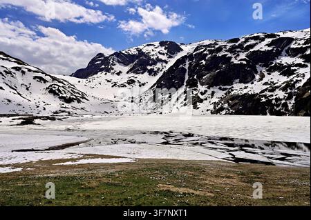 Eisschollen treiben im halb gefrorenen oberen Murgsee, im Vordergrund weiß blühende Frühjahrs-Krokus (Crocus vernus), Murgtal, Kanton St. Gallen Stockfoto