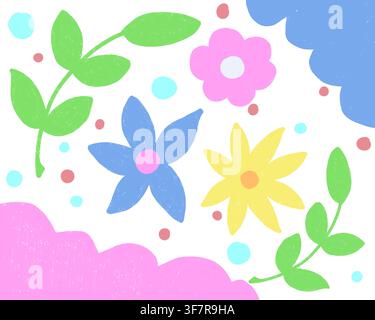 Eine verspielte handgezeichnete Blumenillustration mit einer Gänseblume, einer sternförmigen Blume, Blättern, Ranken und verstreuten Punkten in einer hellen Mehrfarbenpalette. Stockfoto
