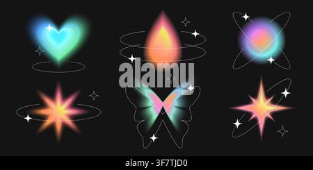 Y2K-Ästhetik-Schilder mit sanftem Aura-Glow auf schwarzem Hintergrund. Vektorrealistisches Set von Neon-Gradient-Herzen, Tropfen, Punkten, Sternen, Schmetterlings-Icons mit Blur-Effekt, trendige holografische Icons für Retro-Poster Stock Vektor