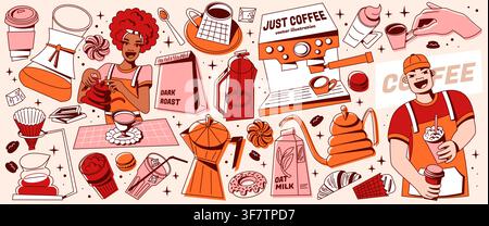 Kaffeepausen-Posterelemente mit Barista-Charakteren, Kaffeemaschine und Verpackungen. Zeitgenössische Vektorillustration von Café-Menüsymbolen, Hand, die eine Tasse Heißgetränk hält, Morgengetränk, Retro-Skizzen Stock Vektor