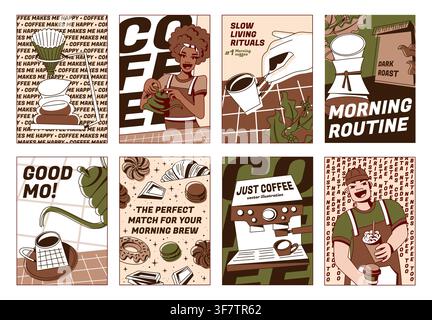 Poster im Retro-Stil mit Kaffeepause, Barista in Braun- und Grüntönen. Zeitgenössische Banner mit Cafészenen, Hand mit Tasse, Kaffeemaschine, Getränke-Menü-Icons, positiver Vibe, Morgenstimmungsatmosphäre Stock Vektor