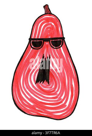 Stilisierte Illustration eines Jack o Lantern. Eine langgezogene Kürbisform. Trägt eine dunkle Brille. Rote Farbe. Schwarzer Umriss, Brille und Mund. Gefüllt mit orangefarbenen Linien. Markierung. Hallowensymbol. Stockfoto