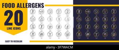 Allergenfreie Lebensmittel-Symbole, Allergie-Zutaten-Piktogramme. Allergenfrei, Nährstoffwarnlinie-Vektorsymbol mit Gluten, Lupine, Fisch, Sulfat und Ei, Soja, Pilz, Erdnuss, Senf und Milchlaktose Stock Vektor