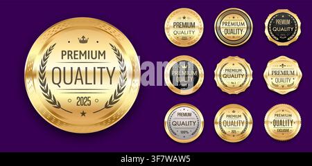 Premium-Qualität goldene Abzeichen und Etiketten, Auszeichnungssiegel, Medaille und Luxusmarkierungen mit Lorbeerkränzen. Goldene Embleme oder Etiketten mit Lorbeerkränzen und Sternen. Satz von metallisch glänzenden Etiketten für Produktranking Stock Vektor