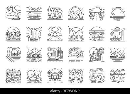 Landschaftslinien-Icons, die Berge, Strände, Wüsten, Wälder, Ozeane, Städte und Polarszenen darstellen. Vektor-monochromes Symbolset für Reisen, Natur oder Outdoor-Aktivitäten in einem klaren, linearen Stil Stock Vektor