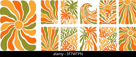 Satz von handgezeichneten abstrakten funky Boho-Sommerpostern mit aufgehender Sonne, Kokospalme, Meereswelle, Korallen, Seetang. Karibik, Hawaii, Mittelmeer Stock Vektor