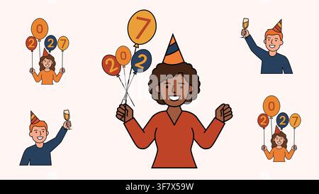 Fröhliche, vielfältige Menschen feiern mit Ballons und Champagner für Neujahrs- oder Geburtstagsfeiern Stock Vektor