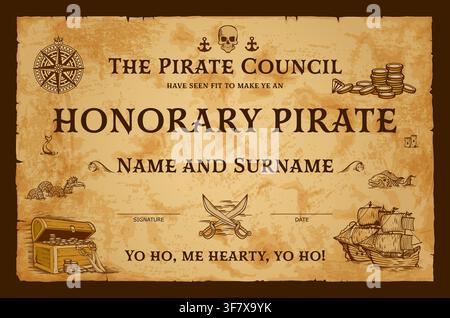Altes Papierpergament für Kinder-Piratenrat-Diplom-Zertifikat auf Korsar-Meer-Karten-Hintergrund. Kinder-Diplom-Zertifikat mit Piratenschädel, Schatzkiste mit Gold und Korsar-Segelboot im Ozean Stock Vektor