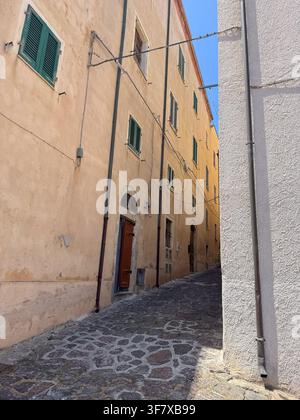 Schmale Kopfsteinpflasterstraße, gesäumt von historischen Gebäuden mit grünen Fensterläden und gealterten Wänden. Die Gasse führt in die Ferne und vermittelt ein Gefühl von Stockfoto