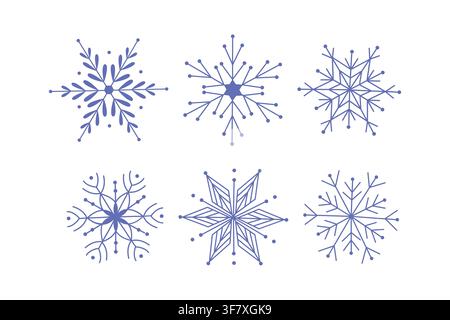 Schneeflocken-Vektor-Symbolset lila Weihnachten Winter Schnee Symbole isoliert auf weißem Hintergrund für Feiertagsdekoration und Neujahrsdesign Stock Vektor
