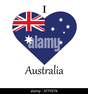 Illustration von I Love Australia mit einem herzförmigen Schild mit einer Flagge auf weißem Hintergrund Stockfoto